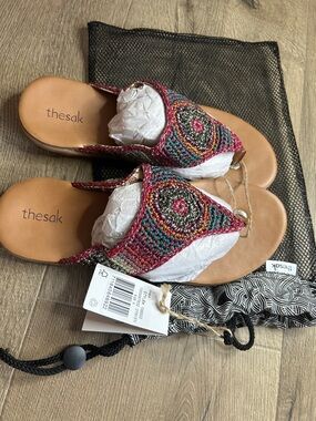 The Sak Multicolor Crochet Slide Sandals in Pink, Teal & Gold